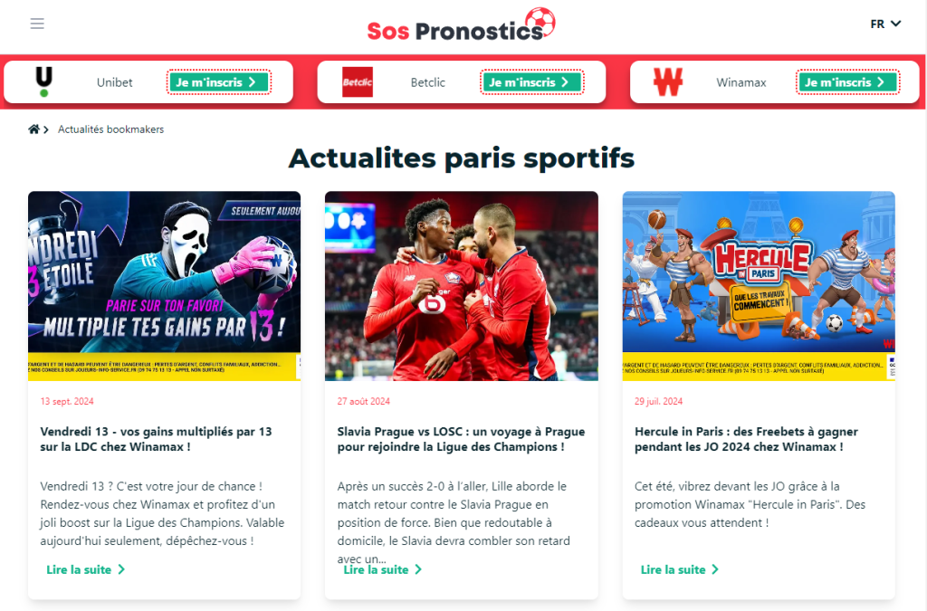 L'actualité du sport et promotions des bookmakers. SOS PRONOSTICS